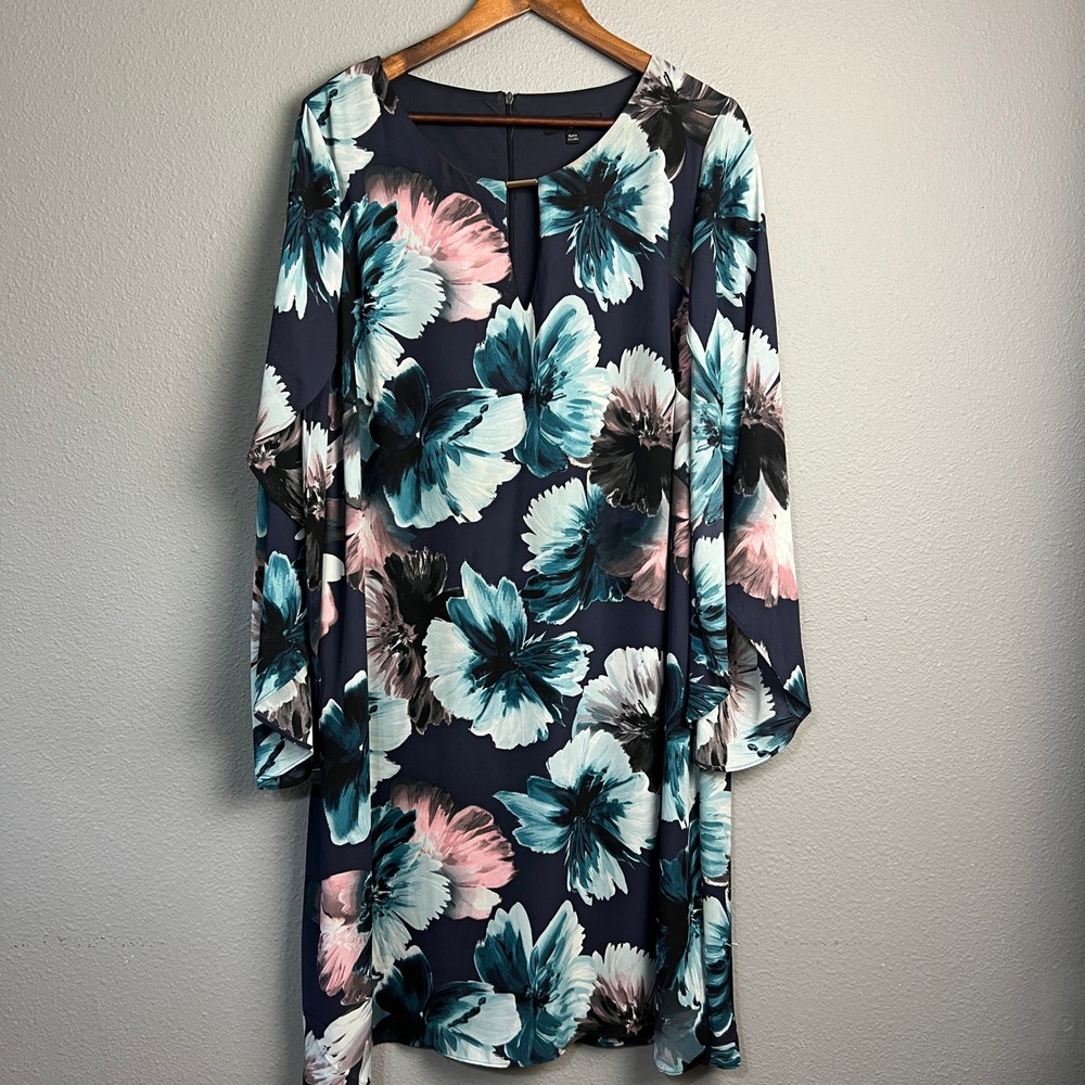 Joanna Hope Navy‎ Floral Hawaiian Print Flutter Long Sleeve Lined Dress Size 16